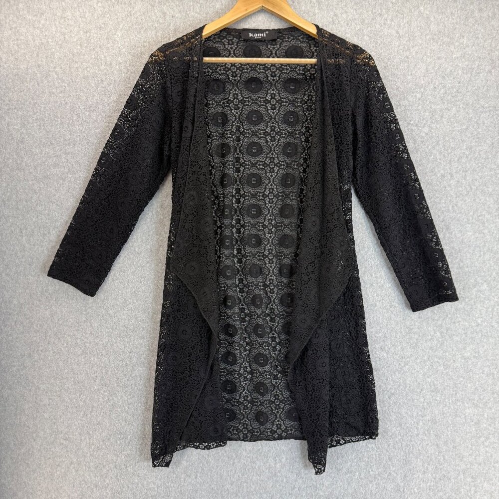 Kami Paris Black Sheer Floral Crochet Lace Cardigan Sweater 3/4 Sleeve Small‎